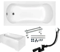 Baignoire rectangulaire 130 x 70 ARIA acrylique blanc + avec Tablier + Pieds + Vidage à chromé