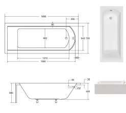 Baignoire rectangulaire + tablier blanc + repose tête - SHEA - 170 x 70 cm