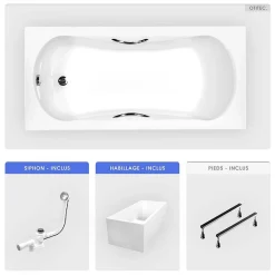 Baignoire rectangulaire - 140 x 70 cm - avec Habillage Polystyrène - Pieds - Poignées - Vidage Chrome - ARIA PLUS