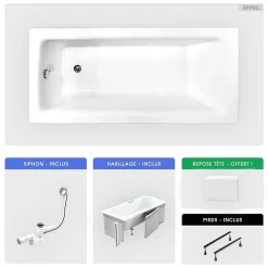 Baignoire rectangulaire - 170 x 75 cm - avec Habillage - Pieds - Poignées - Repose-tête - Vidage Chrome - TALIA PREMIUM