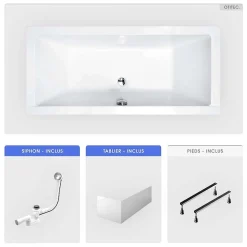 Baignoire rectangulaire - 155 x 70 cm - avec Tablier - Pieds - Vidage Chrome - QUADRO