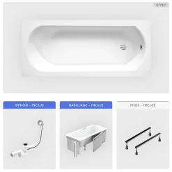 Baignoire rectangulaire - 170 x 75 cm - avec Habillage - Pieds - Vidage Chrome - INTRICA SLIM