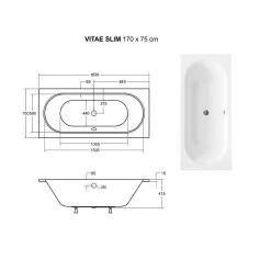 Baignoire rectangulaire blanche à encastrer + repose tête - 170 x 75 cm - VITAE SLIM