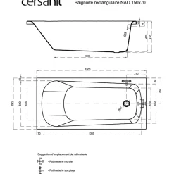 Baignoire rectangulaire gain de place 150x70 cm NAO encastrable (SANS TABLIER)