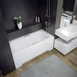 Baignoire rectangulaire 130x70 ARIA PLUS acrylique blanc + Support stabilisateur en polystyrène + Poignées +Pieds +Vidage à chromé