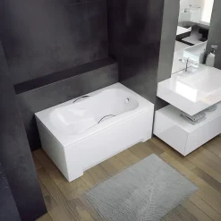 Baignoire rectangulaire 120x70 ARIA REHAB acrylique blanc + Support stabilisateur en polystyrène + Poignées +Pieds+Vidage à chromé