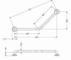 Barre d'appui coudée 135 degrés - 2 points de fixation - 400 x 400 mm - Charge maximale : 150 kg