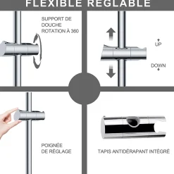 Barre de douche 70cm en Acier Inoxydable Chromé avec Fixations ajustables