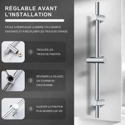 Barre de douche 70cm en Acier Inoxydable Chromé avec Fixations ajustables