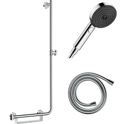 Barre de douche PMR HANSGROHE Unica 110 avec poignée à gauche Chromé + Pommeau de douche Pulsify 3 jets + flexible Isiflex 160cm