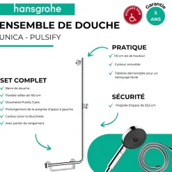 Barre de douche PMR HANSGROHE Unica 110 avec poignée à gauche Chromé + Pommeau de douche Pulsify 3 jets + flexible Isiflex 160cm