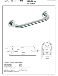 Barre de maintien de douche HELP en acier inoxydable-58x8x10,6cm--