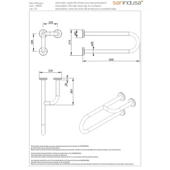 Barre de relèvement et appui en U avec renfort latéral à droite PMR normes handicapé SANINDUSA NewWCCare 60 inox brossé