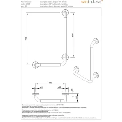 Barre de relèvement et appui en angle à droite coudée à 90 PMR normes handicapé SANINDUSA NewWCCare inox brossé