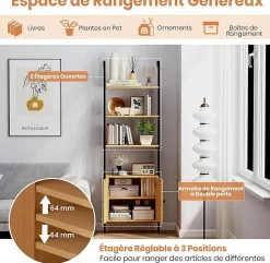 Bibliotheque avec 4 Niveaux d'Étagères Ouvertes en Bois,avec Cadre Métallique et Armoire 2 Niveaux, pour Salon, Chambre, Cuisine