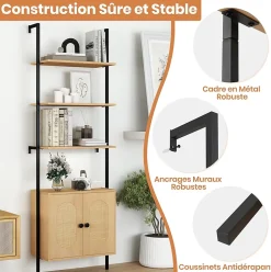Bibliotheque avec 4 Niveaux d'Étagères Ouvertes en Bois,avec Cadre Métallique et Armoire 2 Niveaux, pour Salon, Chambre, Cuisine