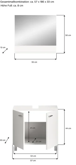 Boston - Ensemble de 2 meubles de salle de bains (L/H/P : 57x186x33 cm) en mélaminé blanc, vasque non incluse