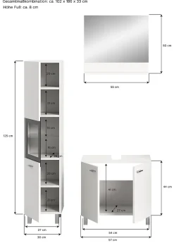 Boston - Ensemble de 3 meubles de salle de bains (L/H/P : 102x186x33 cm) en mélaminé blanc, vasque non incluse