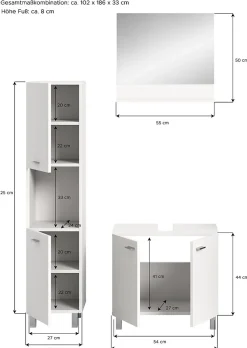 Boston - Ensemble de 3 meubles de salle de bains (L/H/P : 102x186x33 cm) en mélaminé blanc, vasque non incluse