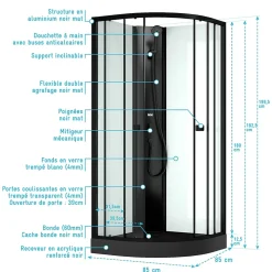 Cabine de douche 1/4 de cercle 85x85x200 cm - Portes coulissantes - Receveur Noir Mat