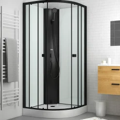 Cabine de douche 1/4 de cercle 85x85x200 cm - Portes coulissantes - Fonds Blancs & Profilés Noir Mat
