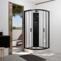 Cabine de douche 1/4 de cercle 85x85x210/235 cm - Receveur + Fonds Blancs / Colonne + Profilés Noirs