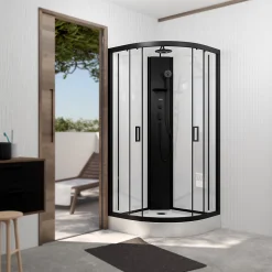 Cabine de douche 1/4 de cercle 85x85x210/235 cm - Receveur + Fonds Blancs / Colonne + Profilés Noirs