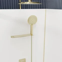 Cabine de douche 1/4 de cercle l.90 x L.90 x H.200 cm – fond blanc et profilés doré brossé, porte coulissante, Galedo Cabine Dorée