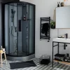 Cabine de douche 1/4 de cercle l.90 x L.90 x H.220 cm – hydromassante, fond gris profilés noirs, traitement anticalcaire, GoodHome Beloya