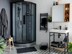 Cabine de douche 1/4 de cercle l.90 x L.90 x H.220 cm – hydromassante, fond gris profilés noirs, traitement anticalcaire, GoodHome Beloya
