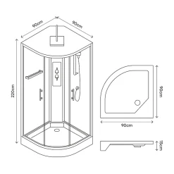 Cabine de douche 1/4 de cercle l.90 x L.90 x H.220 cm – hydromassante, fond gris profilés noirs, traitement anticalcaire, GoodHome Beloya