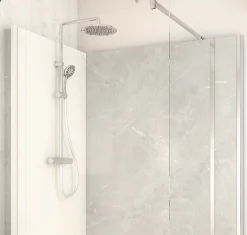 Cabine de douche à l’italienne l.80 x L.140 x H.218 cm – effet marbre gris, receveur de plain-pied, Elmer Serenity
