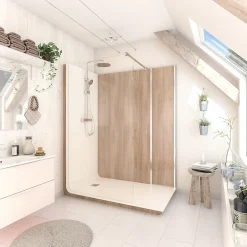 Cabine de douche à l’italienne l.80 x L.160 x H.218 cm – effet bois, receveur de plain-pied, Elmer Serenity