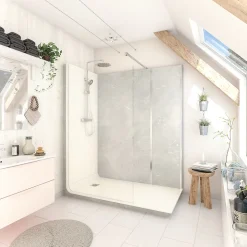 Cabine de douche à l’italienne l.80 x L.170 x H.218 cm – effet marbre gris, receveur de plain-pied, Elmer Serenity