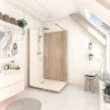 Cabine de douche à l’italienne l.90 x L.120 x H.218 cm – effet bois, receveur de plain-pied, Elmer Serenity
