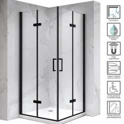 Cabine de douche ATÉA-BLACK H.180 cm, 80 x 90 cm, 2 portes pliantes et pivotantes, verre transparent 6 mm + receveur - Saniverre