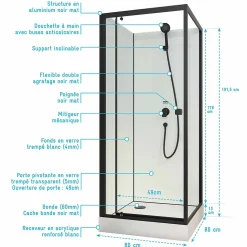 Cabine de douche carrée 80x80x200 cm - Porte pivotante - Fonds Blancs & Profilés Noir Mat