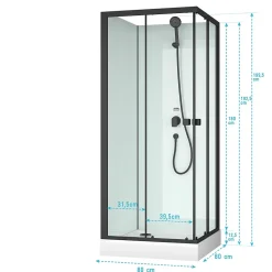 Cabine de douche carrée 80x80x200 cm - Portes coulissantes - Fonds Blancs & Profilés Noir Mat