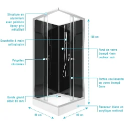 Cabine de douche carrée 80x80x195 - Portes coulissantes en verre trempé 5mm - SQUARY BLACK 2