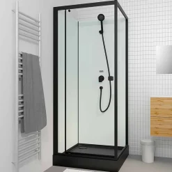 Cabine de douche carrée 80x80x200cm - Porte pivotante - Fonds Blancs - Receveur et Profilés Noirs