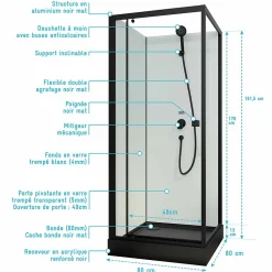 Cabine de douche carrée 80x80x200cm - Porte pivotante - Fonds Blancs - Receveur et Profilés Noirs