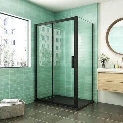 Cabine de douche coulissante avec l'amortisseur - Porte de douche en 8mm verre anticalcaire - profilé noir mat - 110x80x195 cm