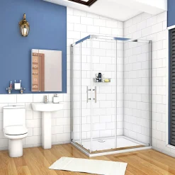 Cabine de douche coulissante - Verre anticalcaire 6 mm - Accès par angle - Poignée en acier inox chromé - 100x90x195 cm