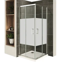 Cabine De Douche H180 90x100cm - Verre Centre-opaque Portes Coulissantes Lana+ (sans Receveur) - Saniverre