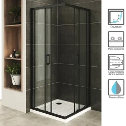 Cabine De Douche H180 90x100cm - Verre Transparent Portes Coulissantes Lanablack+ (sans Receveur) - Saniverre