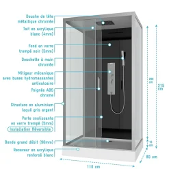 Cabine de douche Hydromassante 110x80x215 cm - Fond Noir et Profilés Gris - BLACK STYLE