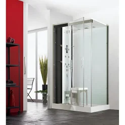 Cabine de douche hydromassante et hammam KINEDO HORIZON 120x120 hauteur receveur 12,5cm 1 porte pivotante finition perle noire