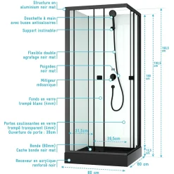 Cabine de douche intégrale 80x80x200 cm carrée - Portes coulissantes - Receveur Noir Mat
