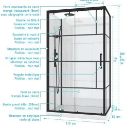 Cabine de douche l.80 x L.110 x H.210 cm – mitigeur mécanique, blanc et noir effet verrière, Galedo Graphic