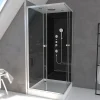 Cabine de douche l.90 x L.90 x H.215 cm – hydromassante, fond noir verre trempé, profilés chromés, tablette, Galedo Black 2